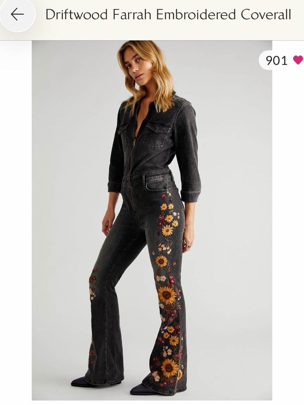 DRIFTWOOD Black Denim Jumpsuit with Sunflower Embroidery
